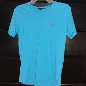 Baby blue polo short sleeve shirt w/pink logo!